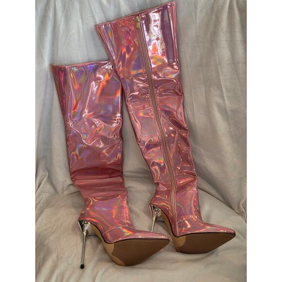 Vero Cuoio Shiny Pink Leather Type Thigh High Boots Tall Zip Up Sexy - Picture 2 of 4